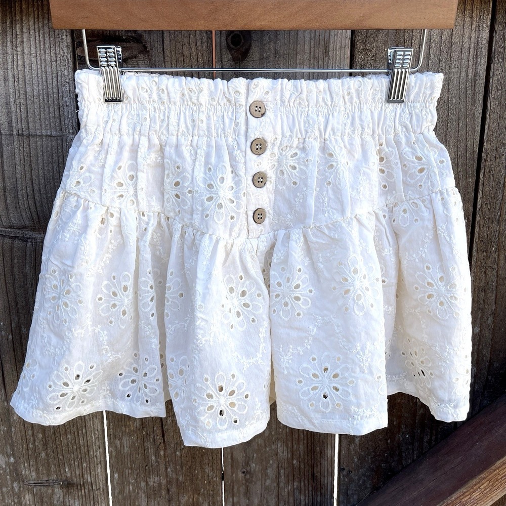 Miou Muse Womens Eyelet Tiered Ruffle Mini Skirt Size S Ivory Flirty Coquette